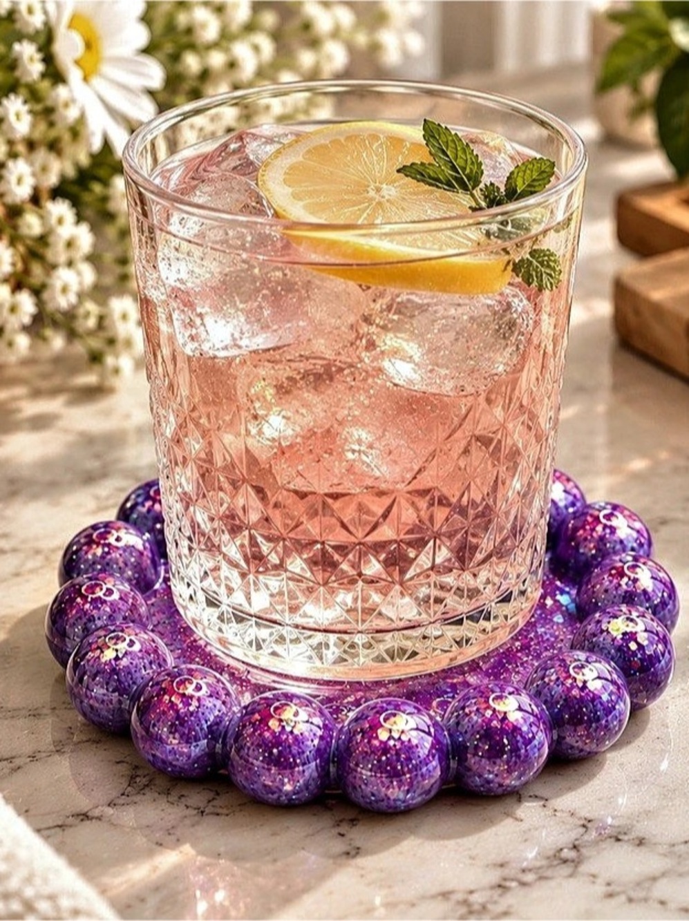 Purple & Pink Glitter Beaded Serving Tray Coaster Set